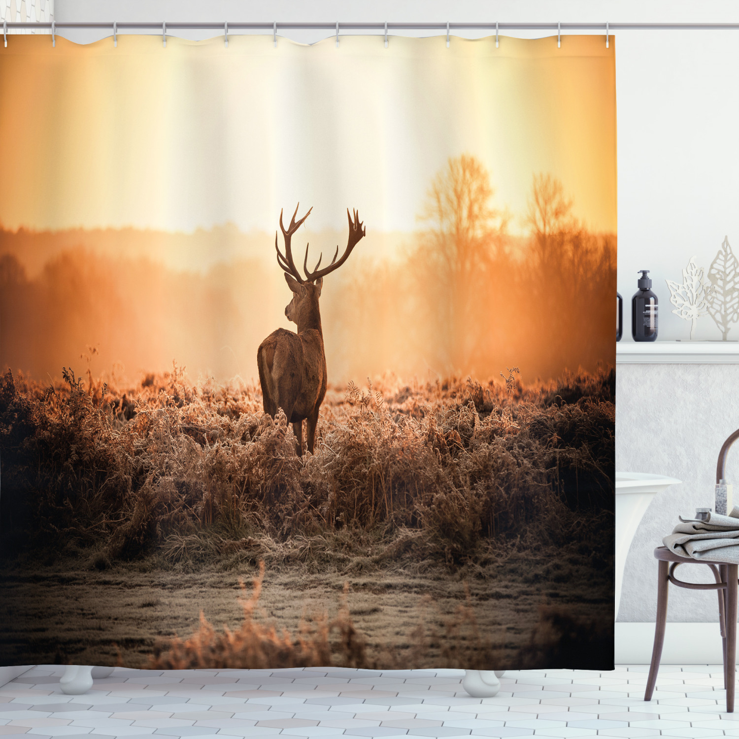 Deer Morning Sun Hunting Shower Curtain for Rustic Bathroom