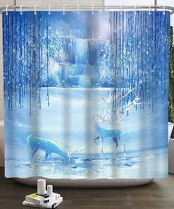 Deer Shower Curtain, Snowflake Forest Waterfall Print, Blue and White Bathroom Decor, Waterproof Fabric Bath Curtain