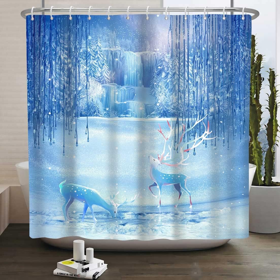 Deer Shower Curtain, Snowflake Forest Waterfall Print, Blue and White Bathroom Decor, Waterproof Fabric Bath Curtain