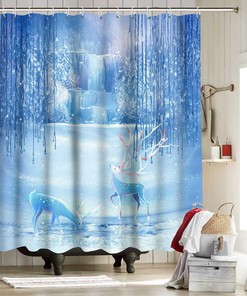 Deer Shower Curtain, Snowflake Forest Waterfall Print, Blue and White Bathroom Decor, Waterproof Fabric Bath Curtain