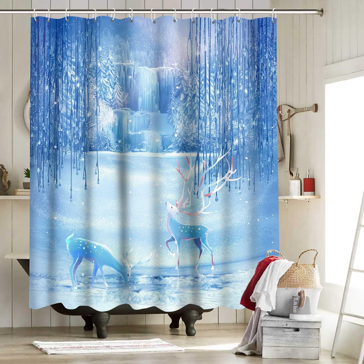 Deer Shower Curtain, Snowflake Forest Waterfall Print, Blue and White Bathroom Decor, Waterproof Fabric Bath Curtain