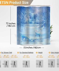 Deer Shower Curtain, Snowflake Forest Waterfall Print, Blue and White Bathroom Decor, Waterproof Fabric Bath Curtain