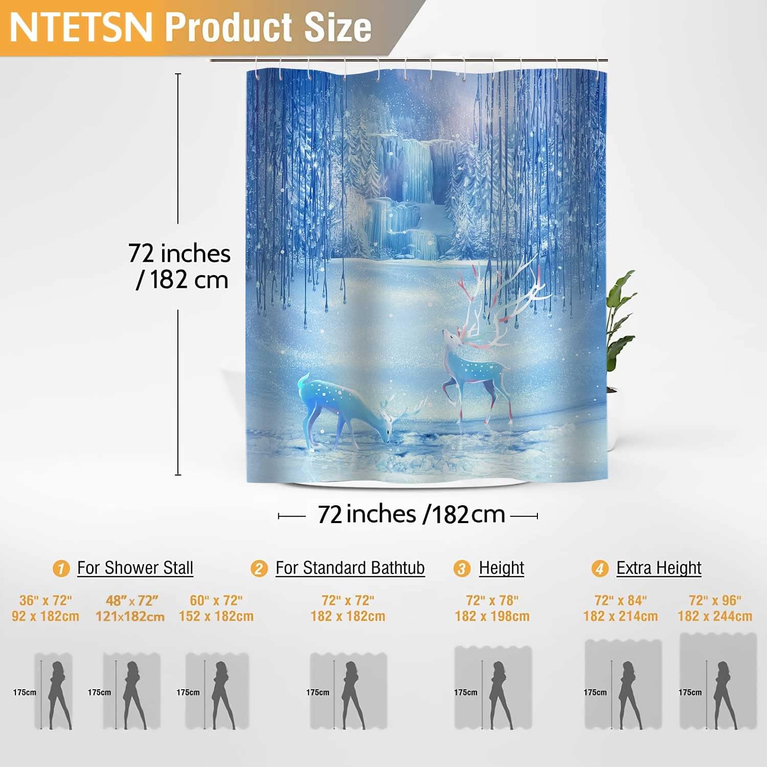 Deer Shower Curtain, Snowflake Forest Waterfall Print, Blue and White Bathroom Decor, Waterproof Fabric Bath Curtain