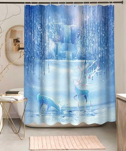 Deer Shower Curtain, Snowflake Forest Waterfall Print, Blue and White Bathroom Decor, Waterproof Fabric Bath Curtain