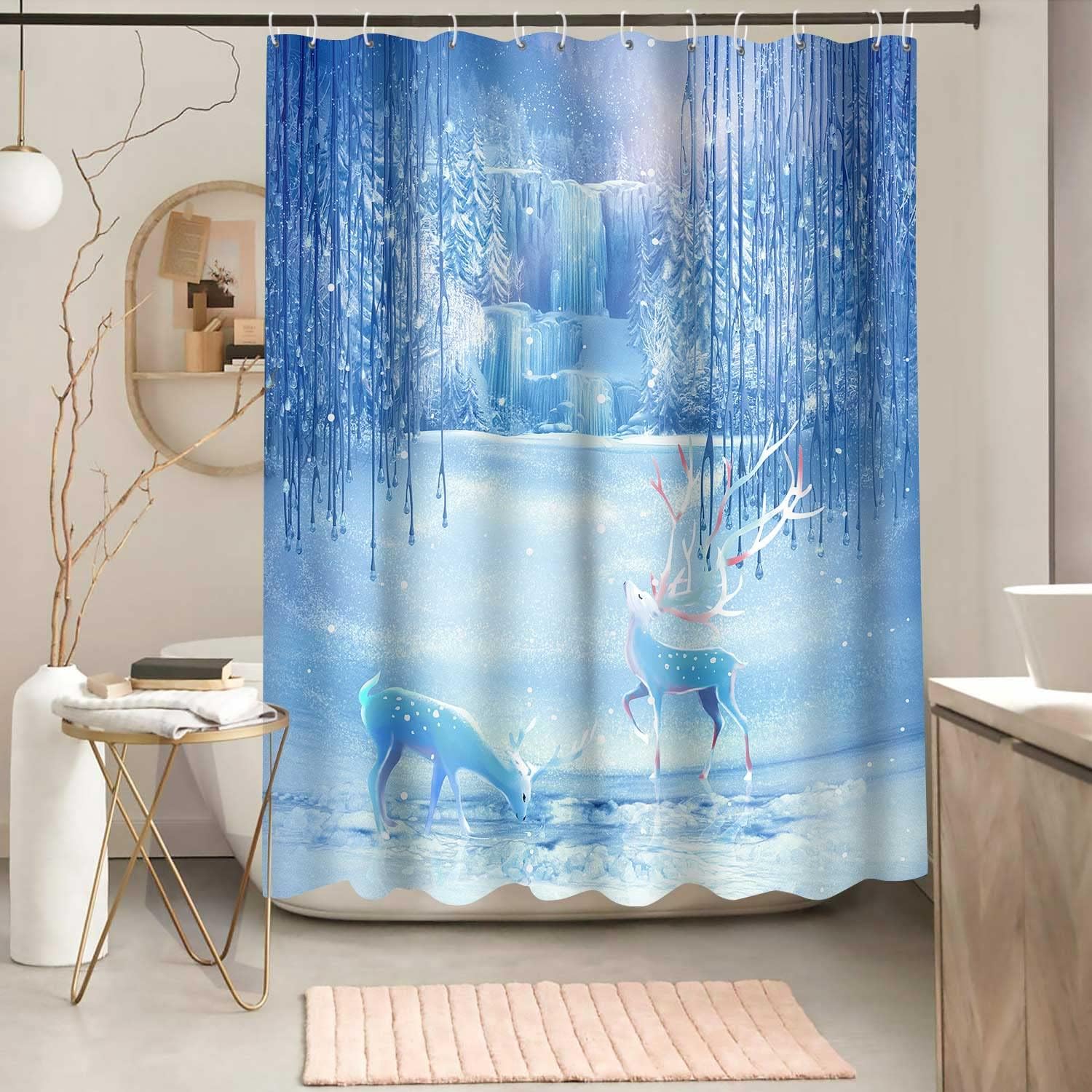 Deer Shower Curtain, Snowflake Forest Waterfall Print, Blue and White Bathroom Decor, Waterproof Fabric Bath Curtain
