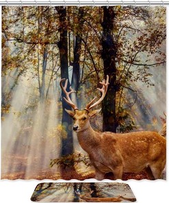 Deer in Autumn Forest Print Shower Curtain for Modern Natural Bathroom Decor