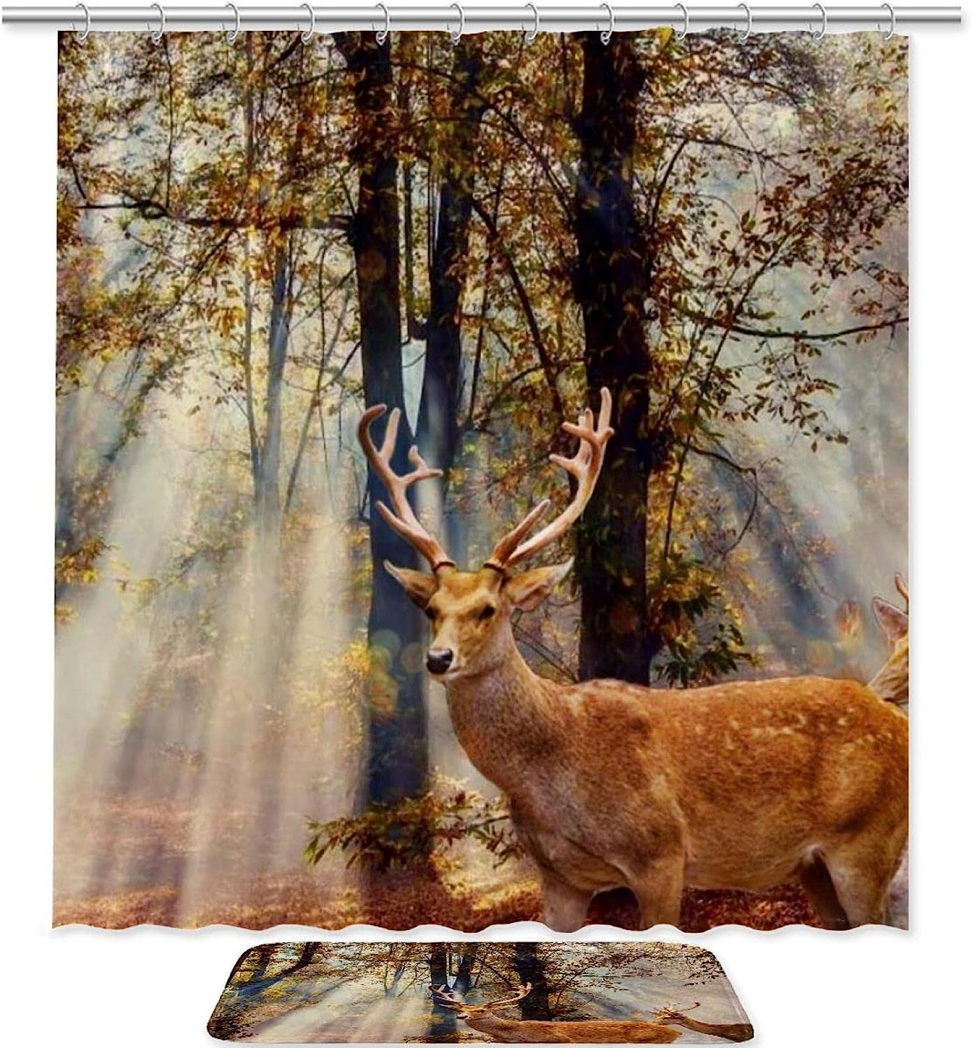 Deer in Autumn Forest Print Shower Curtain for Modern Natural Bathroom Decor