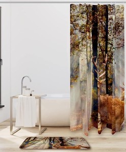 Deer in Autumn Forest Print Shower Curtain for Modern Natural Bathroom Decor