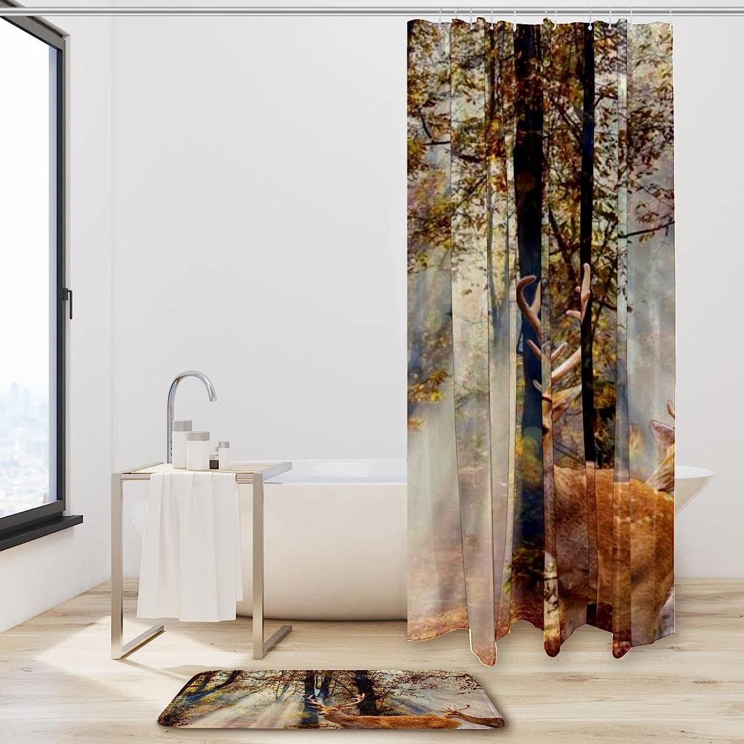Deer in Autumn Forest Print Shower Curtain for Modern Natural Bathroom Decor