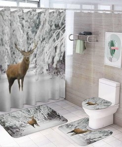 Deer in Snow Winter Forest Shower Curtain for Bathroom - Serene Shower Curtain Design for Winter Holidays