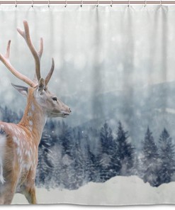 Deer on Winter Shower Curtain, Nature Themed Bathroom Decor 