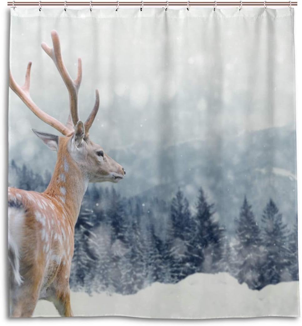 Deer on Winter Shower Curtain, Nature Themed Bathroom Decor