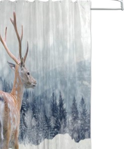 Deer on Winter Shower Curtain, Nature Themed Bathroom Decor