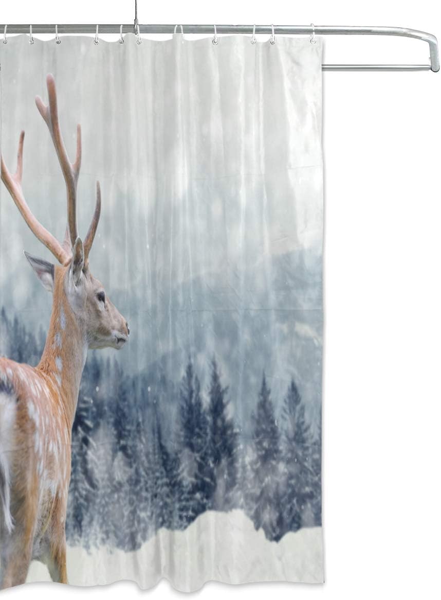 Deer on Winter Shower Curtain, Nature Themed Bathroom Decor