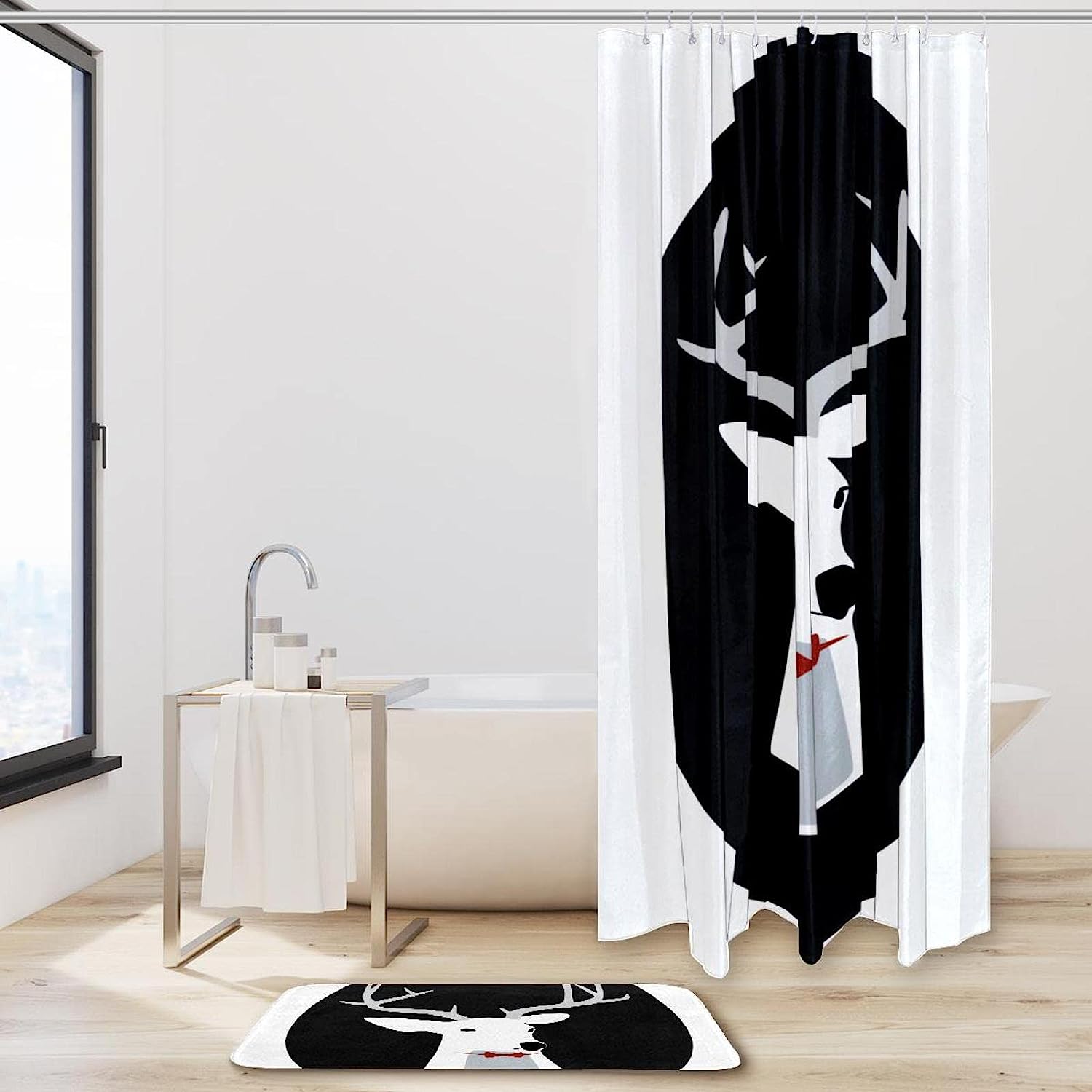 Deer with Red Bowtie Print Shower Curtain for Modern Farmhouse Bathroom Decor