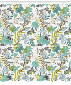 Delicate Butterflies And Birds Floating On Floral Shower Curtain Print