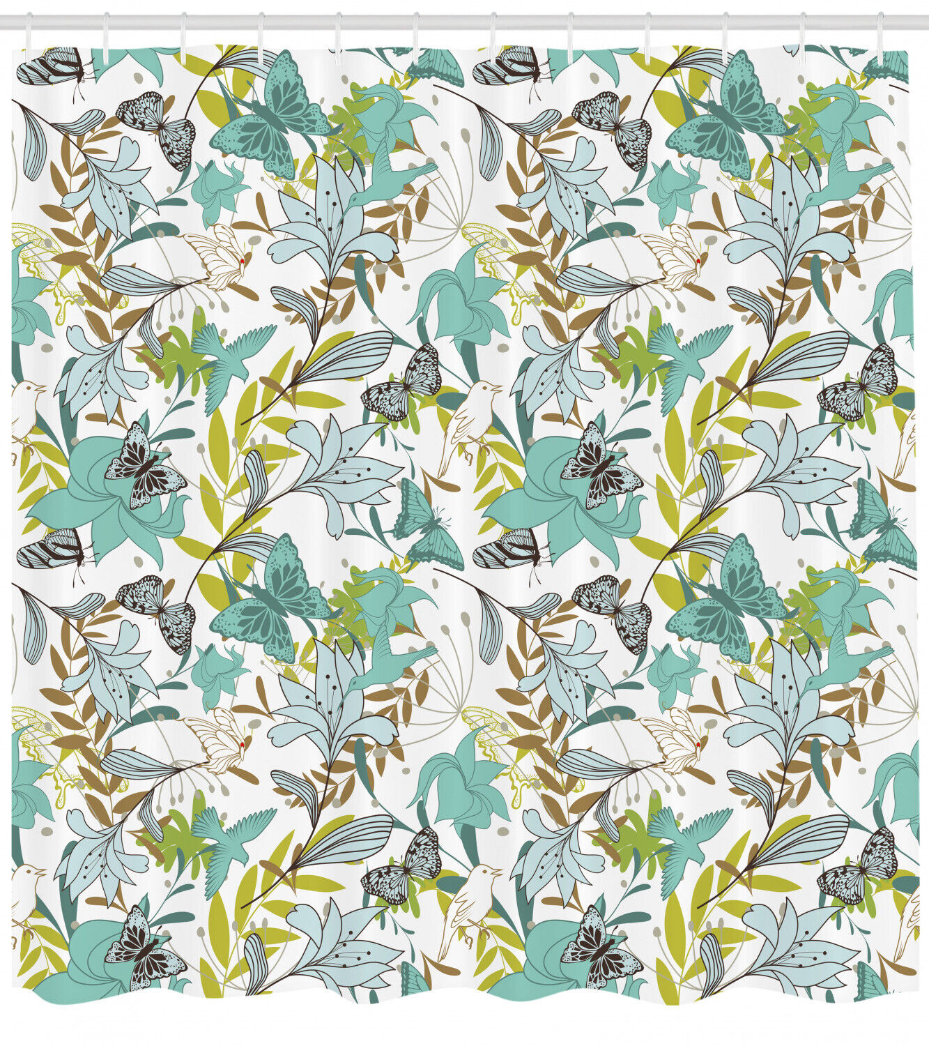 Delicate Butterflies And Birds Floating On Floral Shower Curtain Print