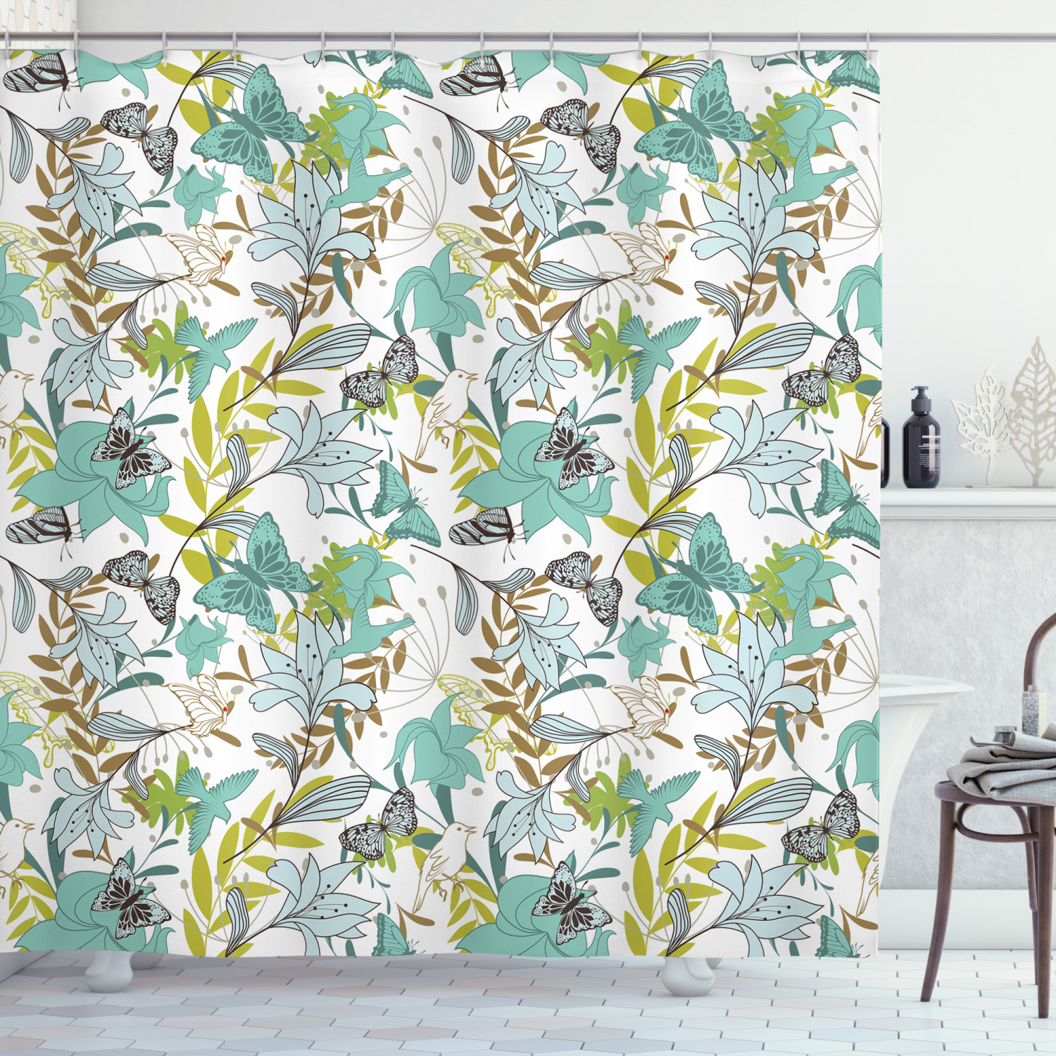 Delicate Butterflies And Birds Floating On Floral Shower Curtain Print