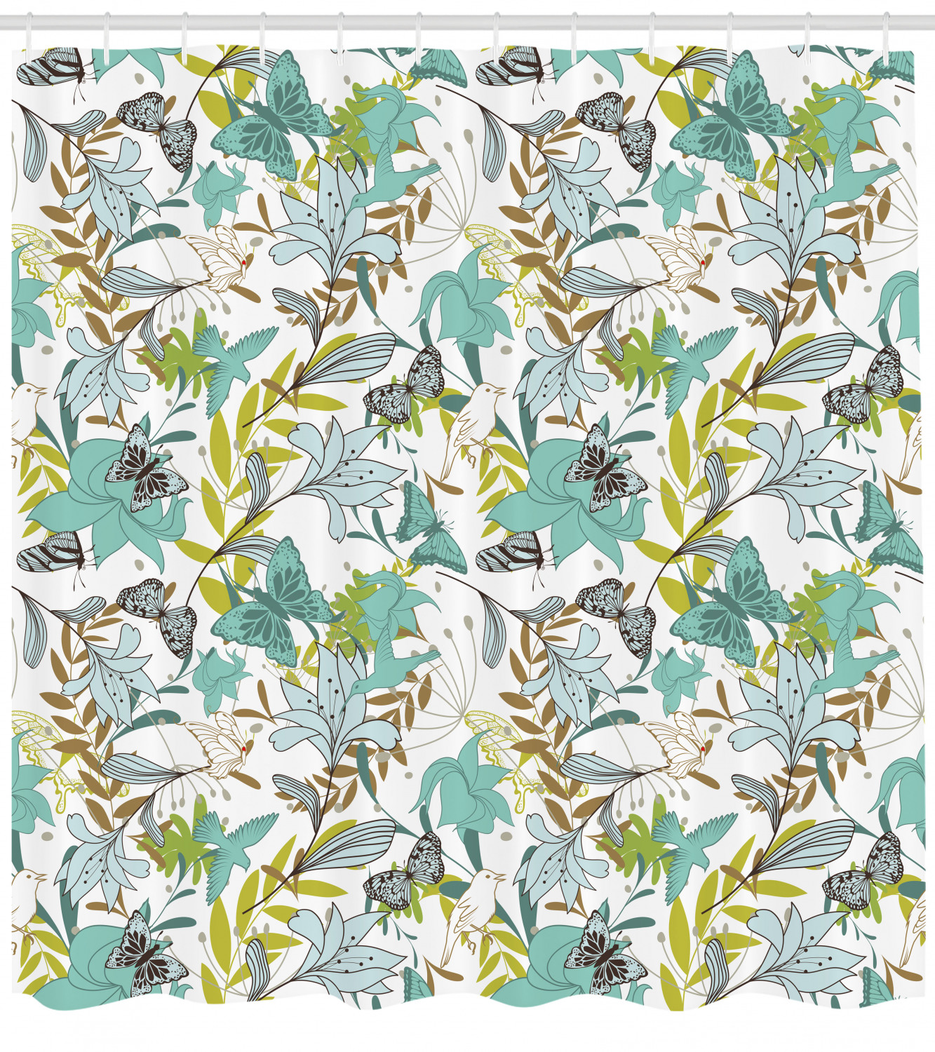 Delicate Butterflies And Birds Floating On Floral Shower Curtain Print