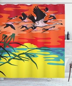 Delicate Flamingo Birds In The Air Art Print Shower Curtain For A Chic Bathroom