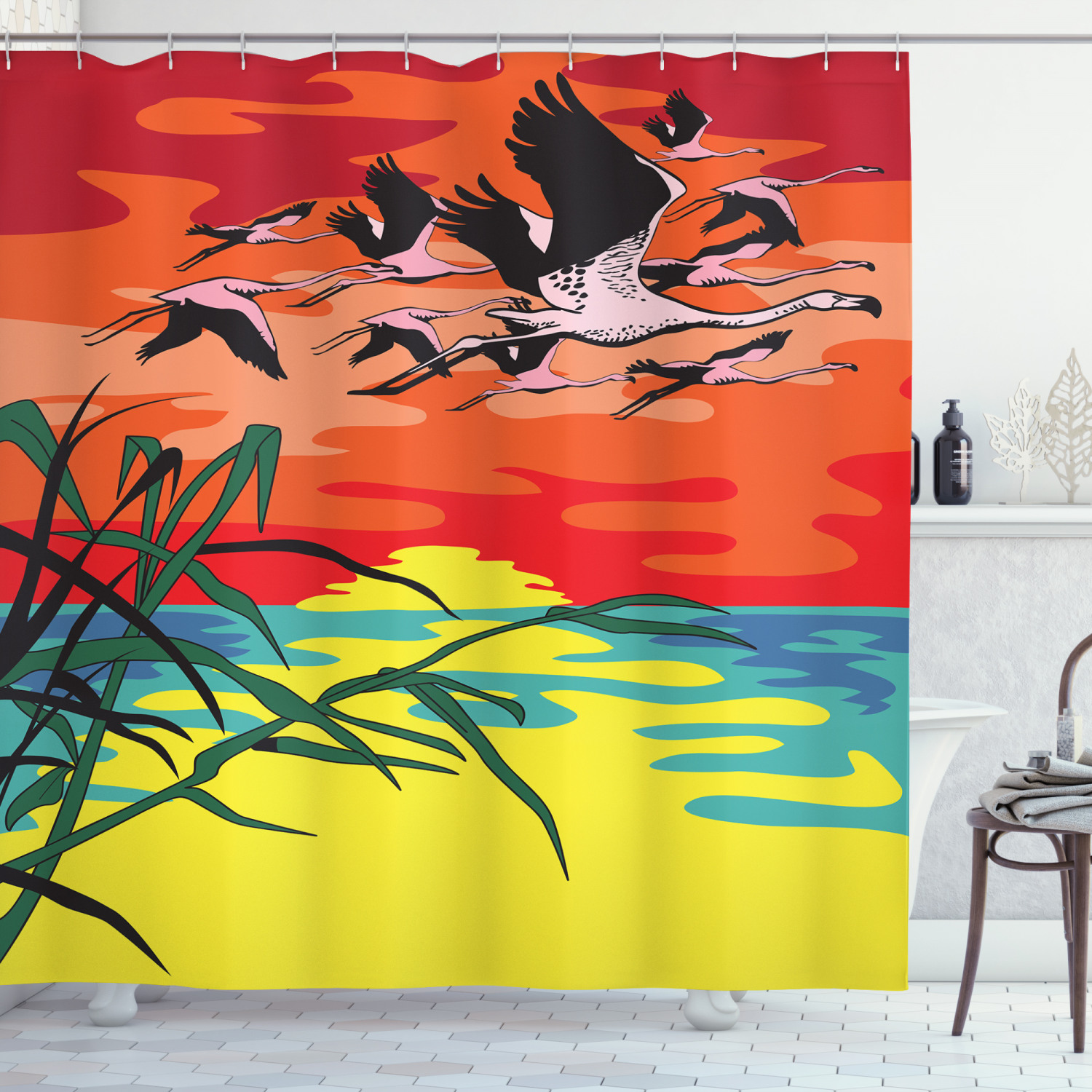 Delicate Flamingo Birds In The Air Art Print Shower Curtain For A Chic Bathroom