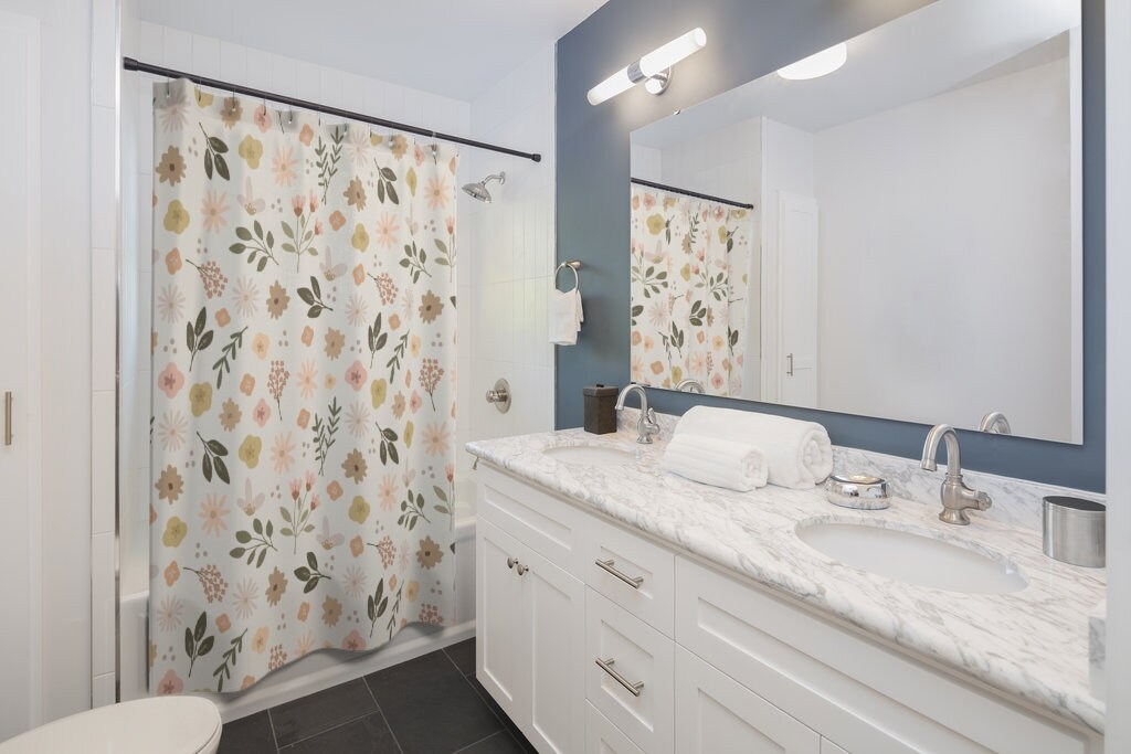 Delicate Floral Shower Curtain For A Simple Yet Elegant Bathroom Design.