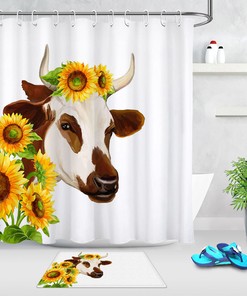 Delicate Watercolor Cow Pink Purple Flower Green Leaves Shower Curtain for a Feminine Bathroom