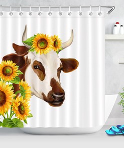 Delicate Watercolor Cow Pink Purple Flower Green Leaves Shower Curtain for a Feminine Bathroom