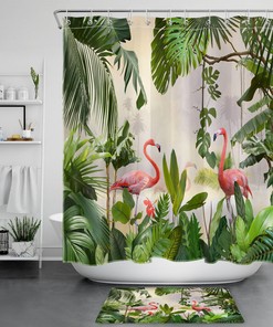Delicate and Elegant Pink Flamingo Palm Leaf Shower Curtain for Classy Bathroom Decor