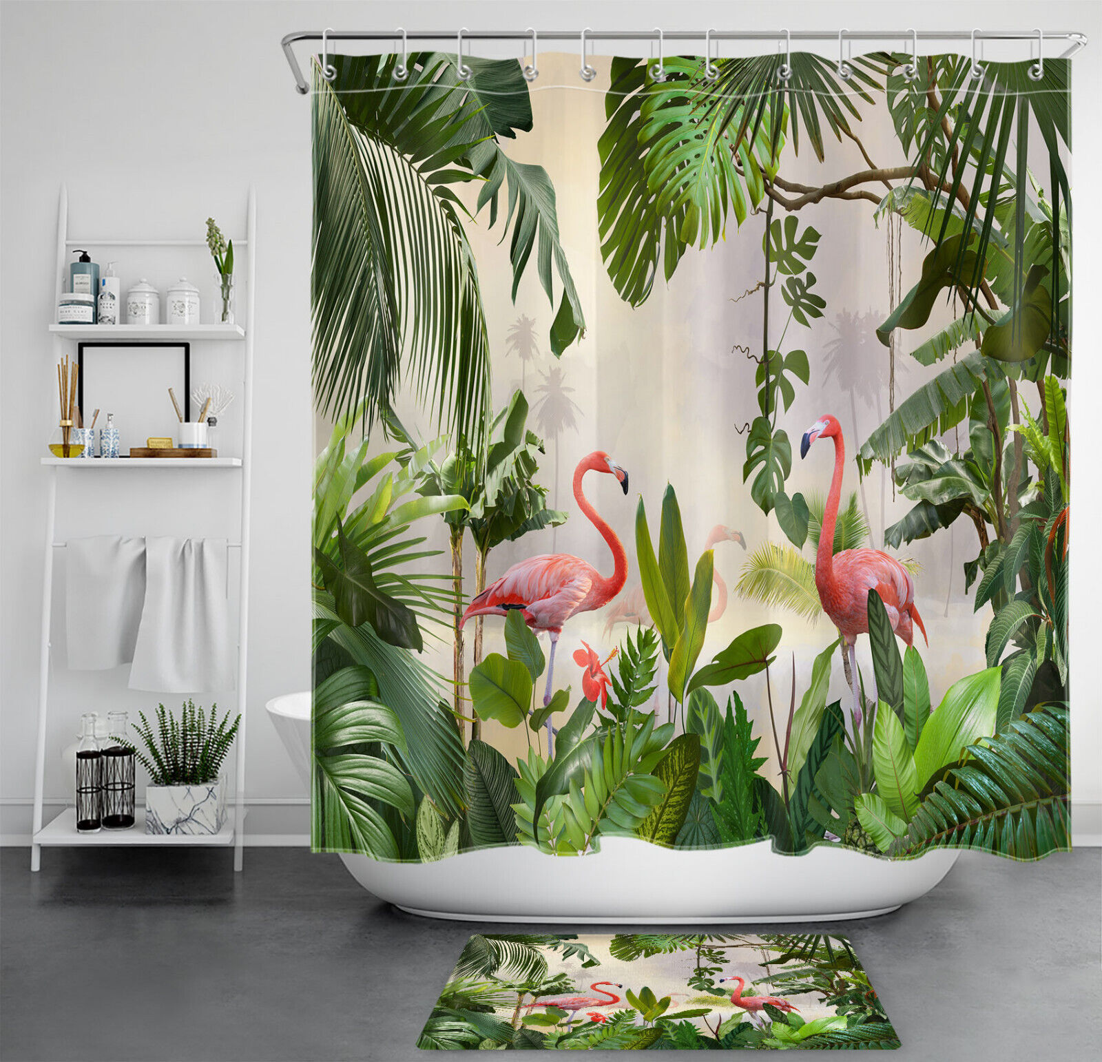 Delicate and Elegant Pink Flamingo Palm Leaf Shower Curtain for Classy Bathroom Decor