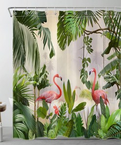 Delicate and Elegant Pink Flamingo Palm Leaf Shower Curtain for Classy Bathroom Decor