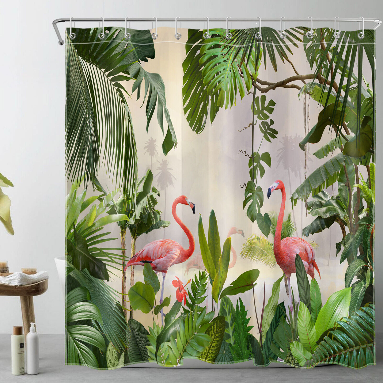 Delicate and Elegant Pink Flamingo Palm Leaf Shower Curtain for Classy Bathroom Decor