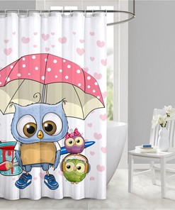Delightful Cartoon Owl Bird Umbrella Print Shower Curtain For Bathroom Decor