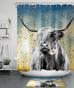 Delightful Highland Cow Shower Curtain with Raindrop and Daisy Pattern for a Farmhouse Bathroom