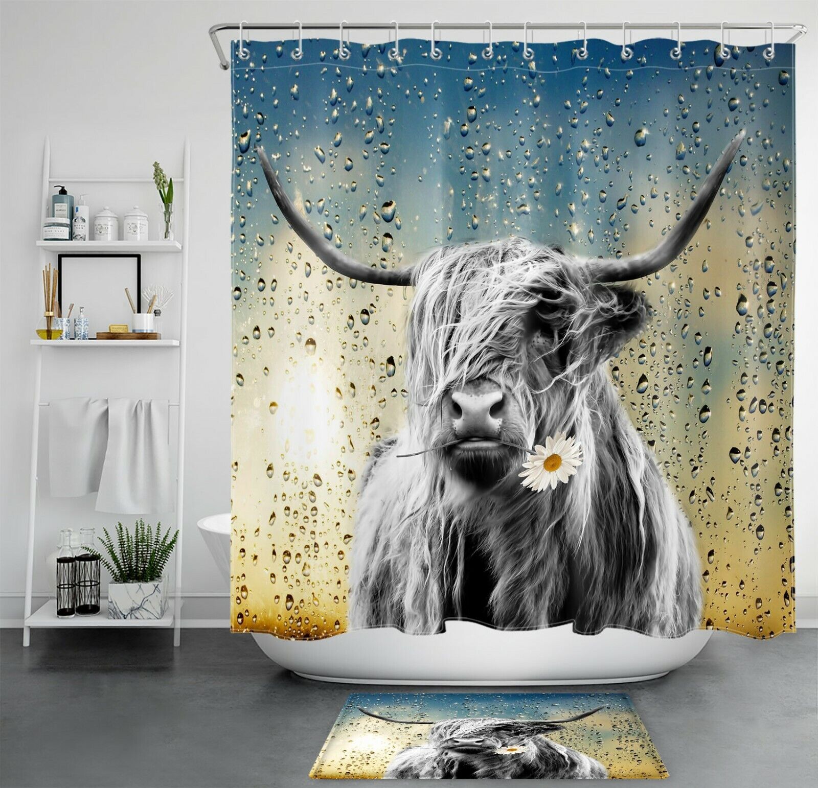 Delightful Highland Cow Shower Curtain with Raindrop and Daisy Pattern for a Farmhouse Bathroom