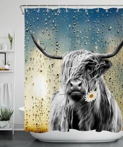 Delightful Highland Cow Shower Curtain with Raindrop and Daisy Pattern for a Farmhouse Bathroom