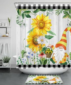 Delightful Sunflower Daisy Gnome Shower Curtain with Green Plant Leaf Background to Refresh Your Bathroom