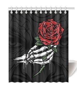 Demonic Red Rose Skeleton Shower Curtain With Witchy Print For Bathroom 