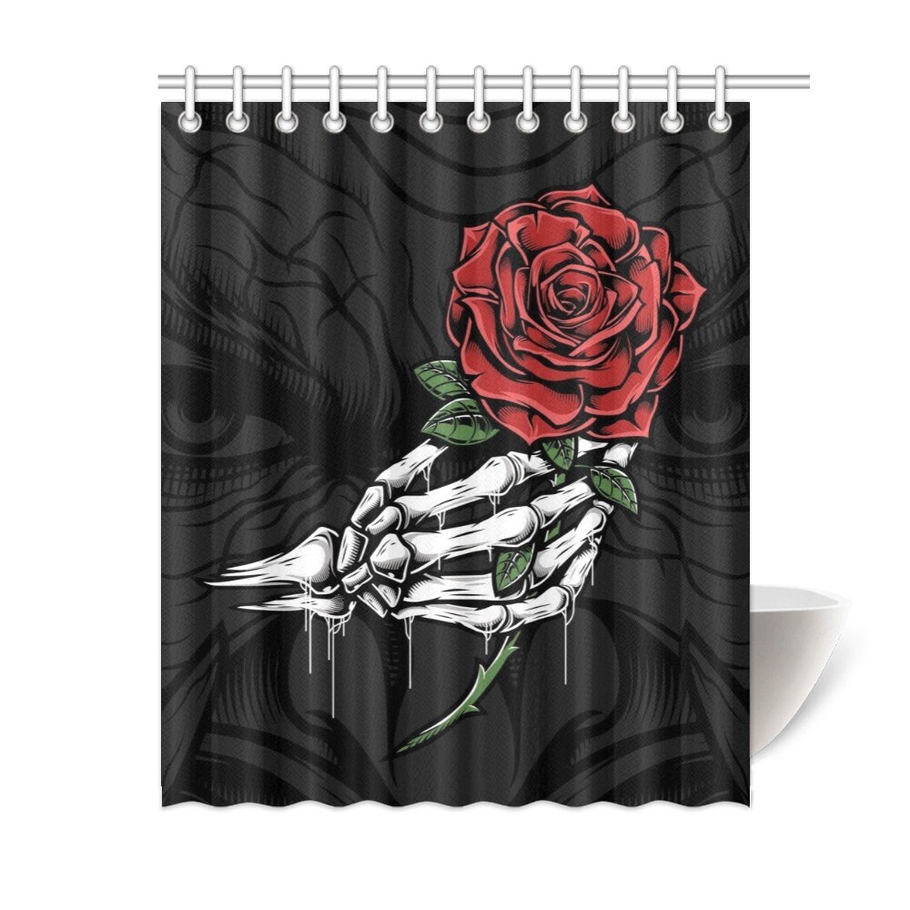 Demonic Red Rose Skeleton Shower Curtain With Witchy Print For Bathroom