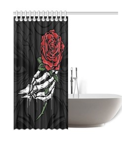 Demonic Red Rose Skeleton Shower Curtain With Witchy Print For Bathroom
