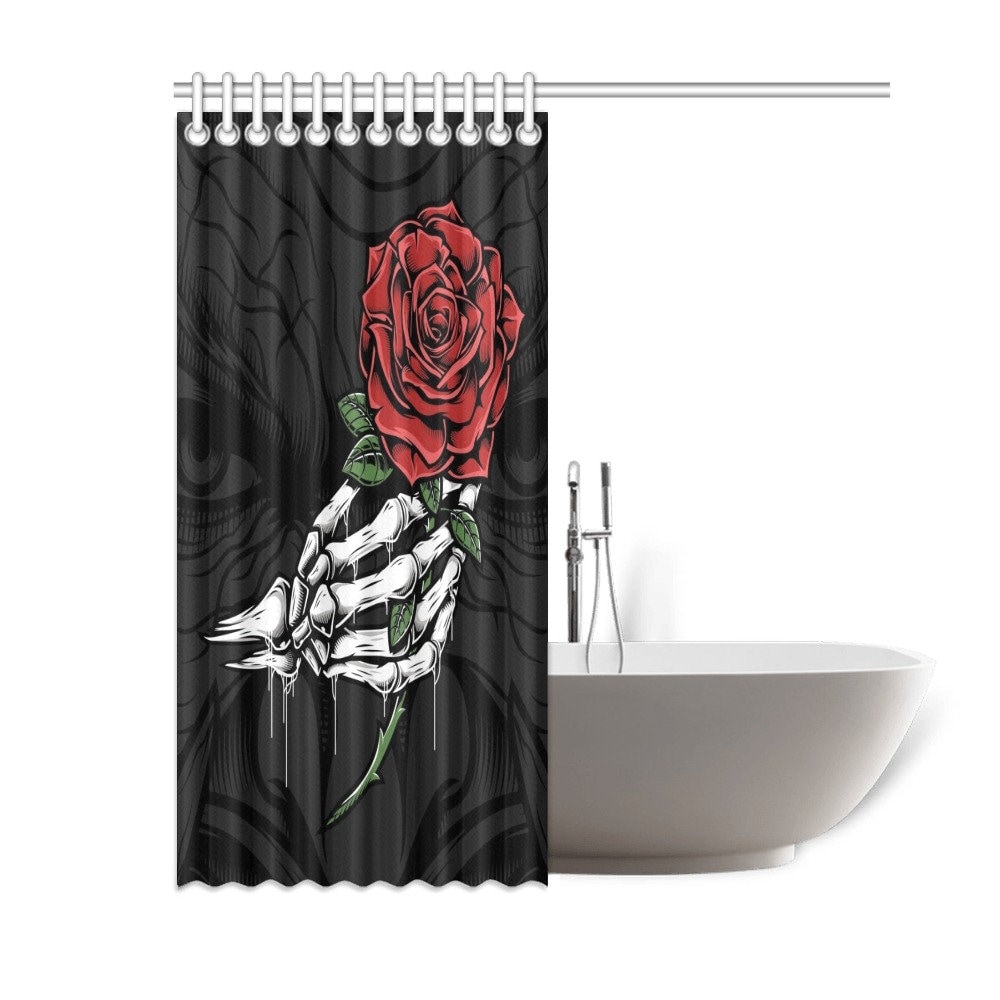 Demonic Red Rose Skeleton Shower Curtain With Witchy Print For Bathroom