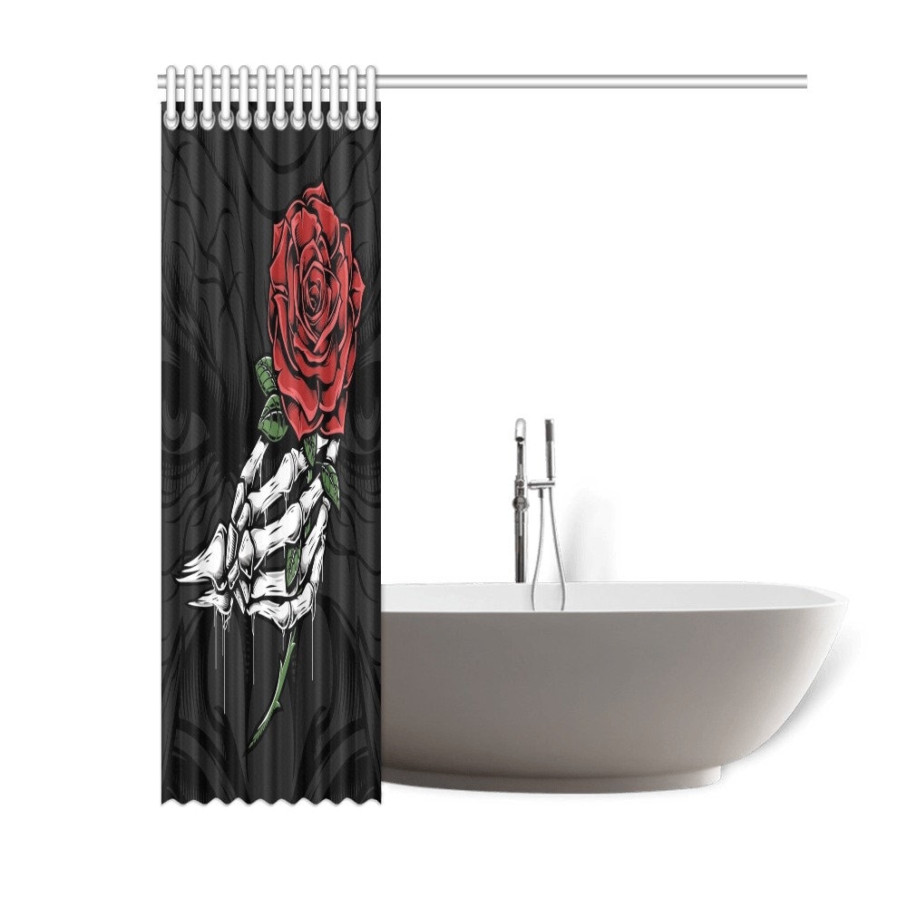 Demonic Red Rose Skeleton Shower Curtain With Witchy Print For Bathroom