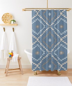 Denim Blue Brown Beige Shower Curtain Bundle - Southwestern Geometric Prints