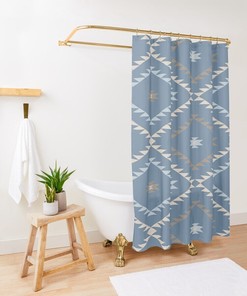 Denim Blue Brown Beige Shower Curtain Bundle - Southwestern Geometric Prints
