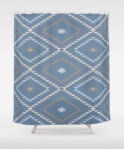 Denim Blue Brown Beige Shower Curtain Bundle - Southwestern Geometric Prints