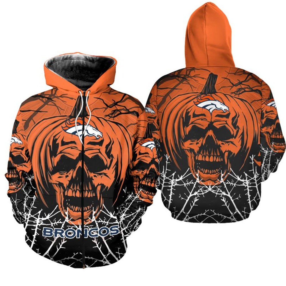 Denver Broncos Hoodie Halloween Pumpkin Skull All Over Print Zip Hoodie