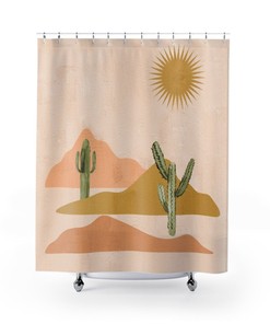 Desert Abstract Art Shower Curtain With Cactus Succulent Plant Bathroom Decor