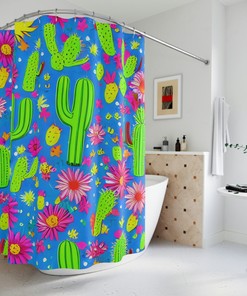 Desert Beauty With Cactus & Flowers Shower Curtain Ai Art Print - Unique Abstract Art Design For Modern Bathroom Decor