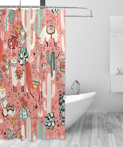 Desert Cacti and Llama Print Waterproof Fabric Shower Curtain for Bathroom Decor