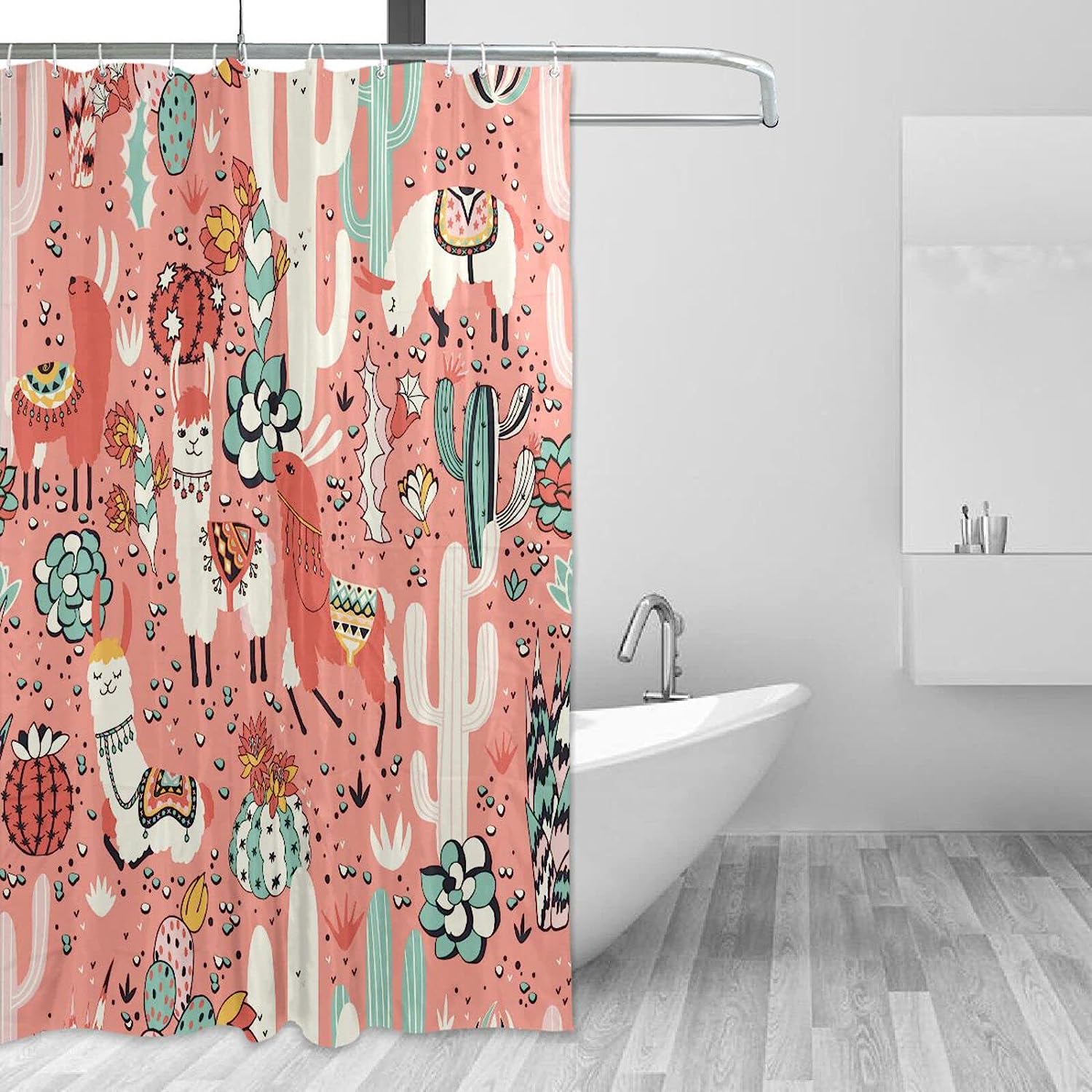 Desert Cacti and Llama Print Waterproof Fabric Shower Curtain for Bathroom Decor